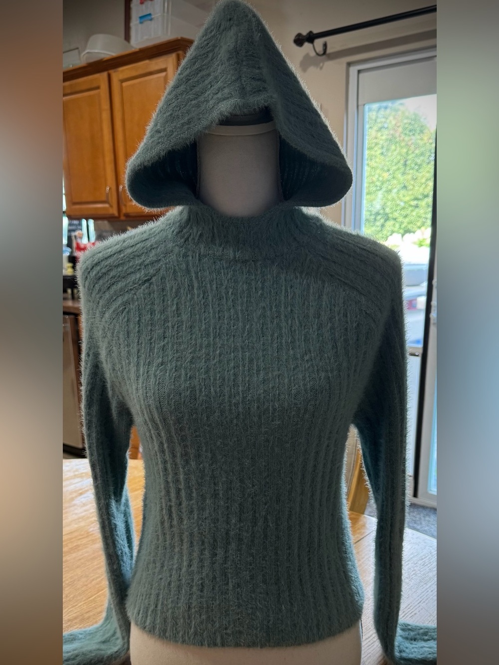 Cozy Hooded Ribbed Women's Sweater in Sage Green
